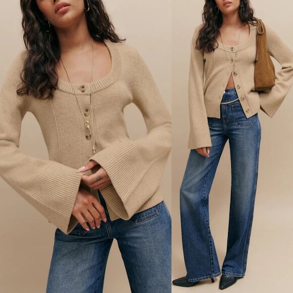 Reformation Karina Regenerative Wool Linen Tan Scoop Neck Cardigan Size L - Picture 1 of 12